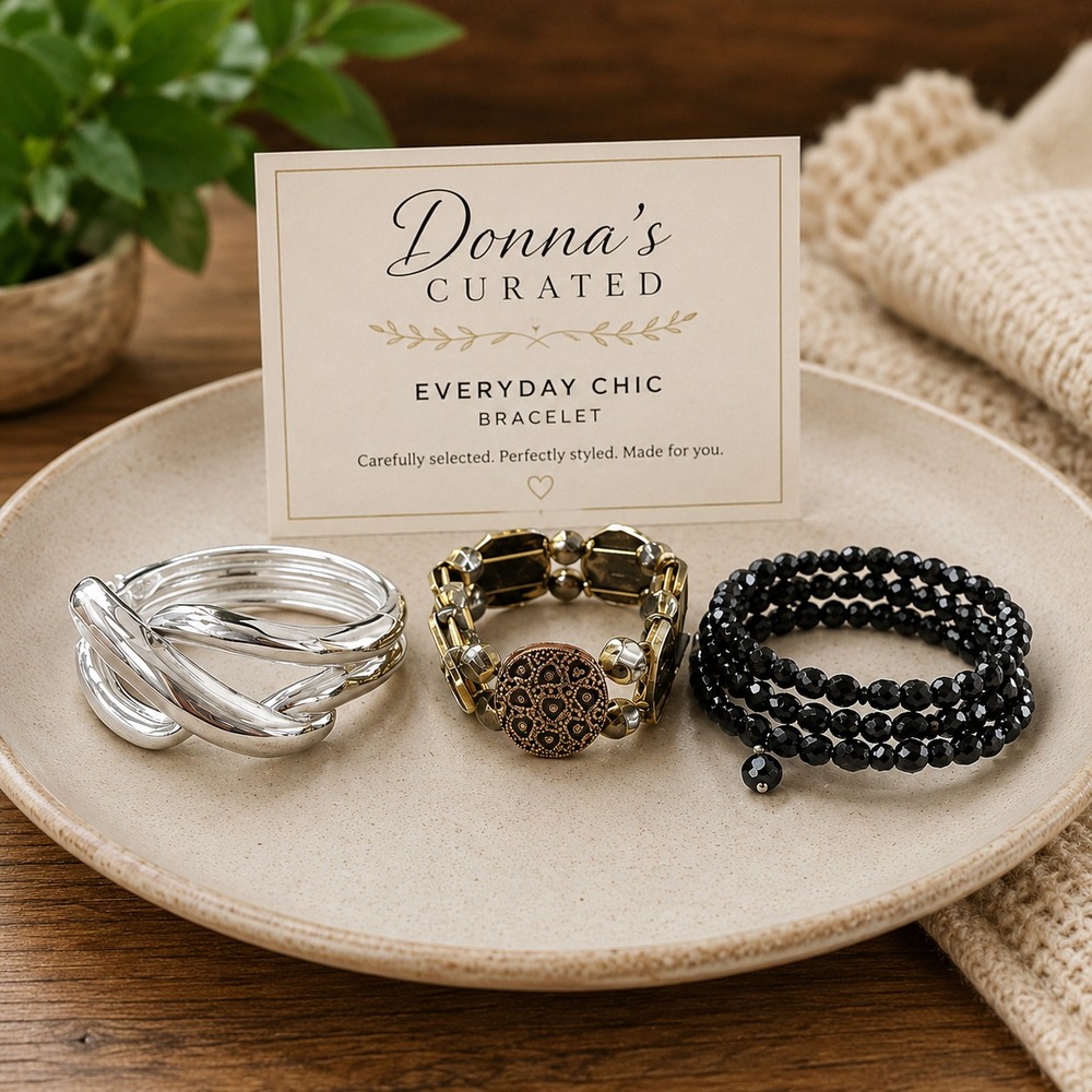 Donna's Curated Everyday Chic Bracelet Trio Mixed Metals Black Silver Gold Tone